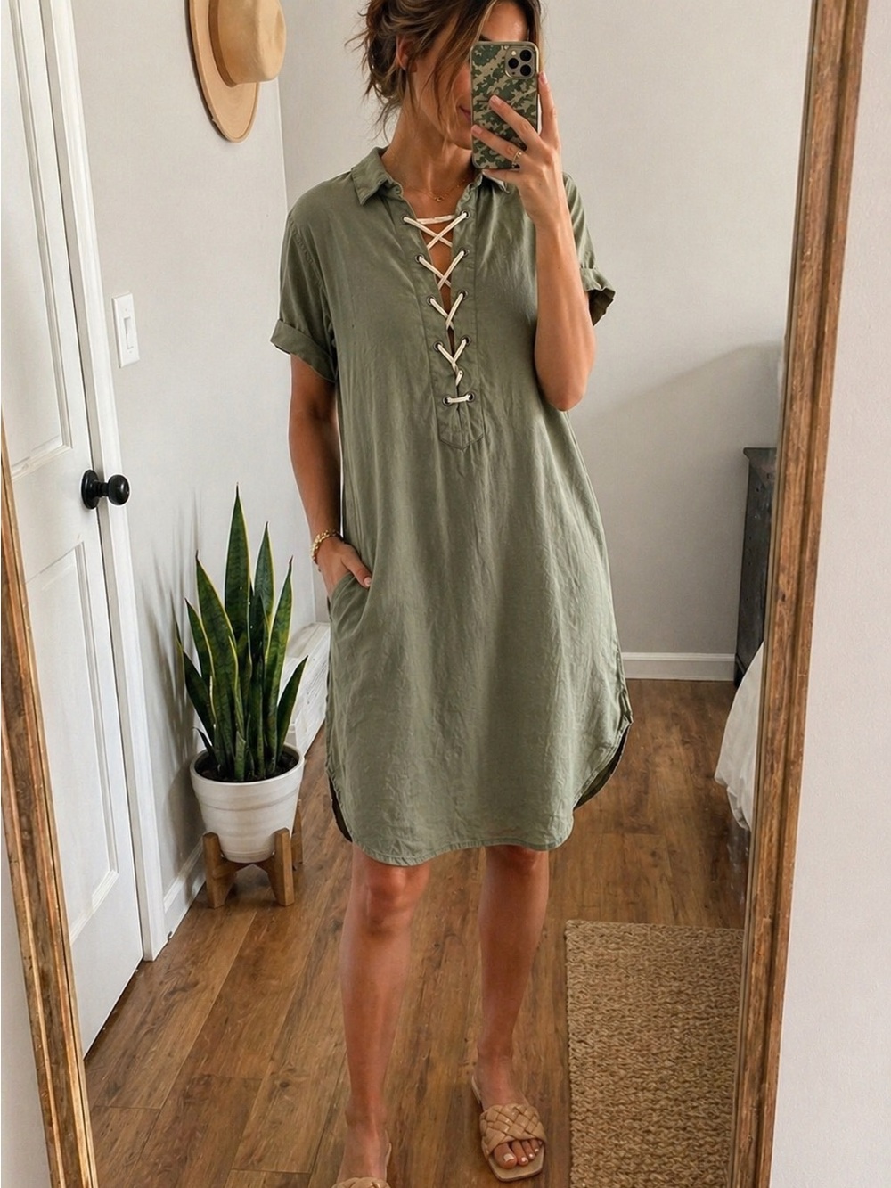 Rails Lace-Up Linen Blend Tunic Shirt Dress Rocky Sage Size M